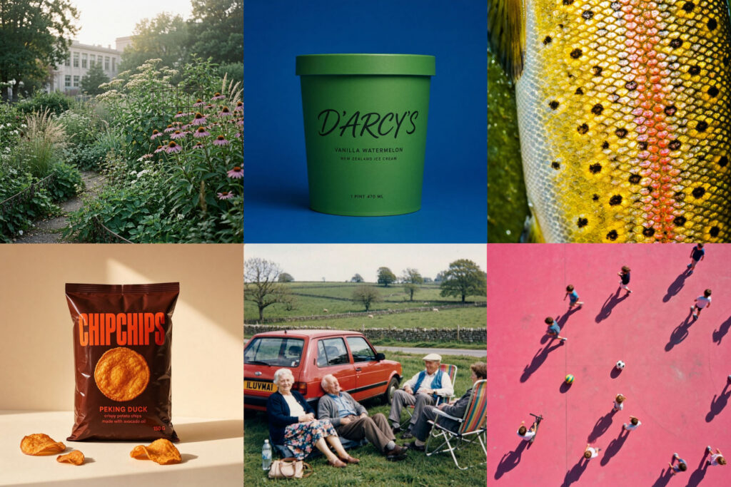 Un collage de seis imágenes: un jardín con flores, un bote de helado verde etiquetado “D’Arcy’s”, un acercamiento a escamas de pescado, una bolsa de papas etiquetada “Chipchips”, tres personas sentadas junto a un auto rojo y personas caminando sobre una superficie rosa.