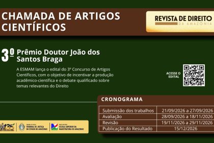 Tribunal de Justiça do Amazonas abre concurso para o 3º Prêmio Professor João dos Santos Braga com 6 mil reais e publicação na revista