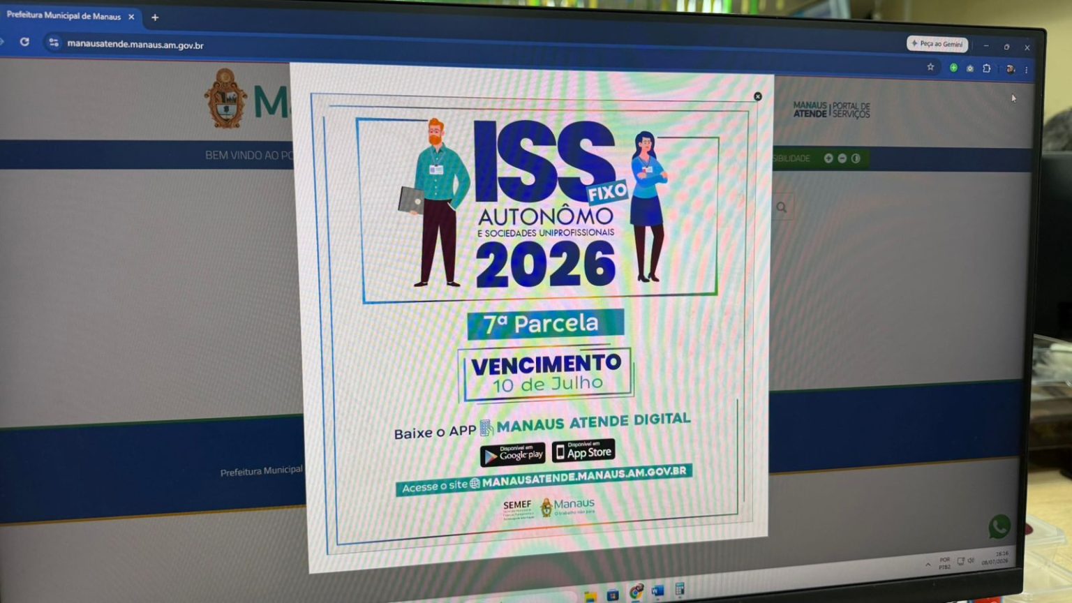 Prefeitura de Manaus alerta sobre vencimento da 7ª parcela do ISS Fixo 2026 com desconto no aplicativo
