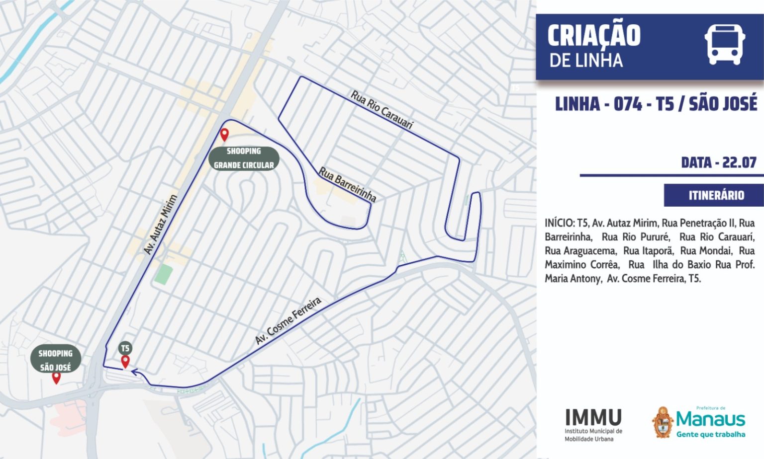 Manaus inicia operação da linha 074 para ampliar cobertura do transporte coletivo na zona Leste a partir de 22/7
