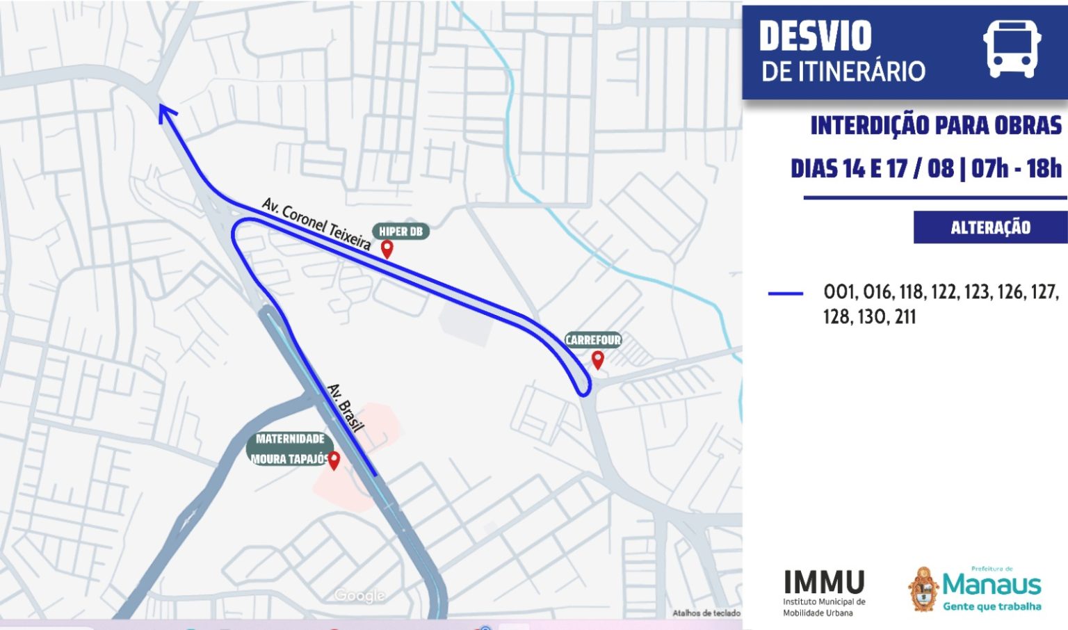 Mudanças no transporte coletivo em Manaus por interdições na avenida Brasil entre 14 e 17 de agosto