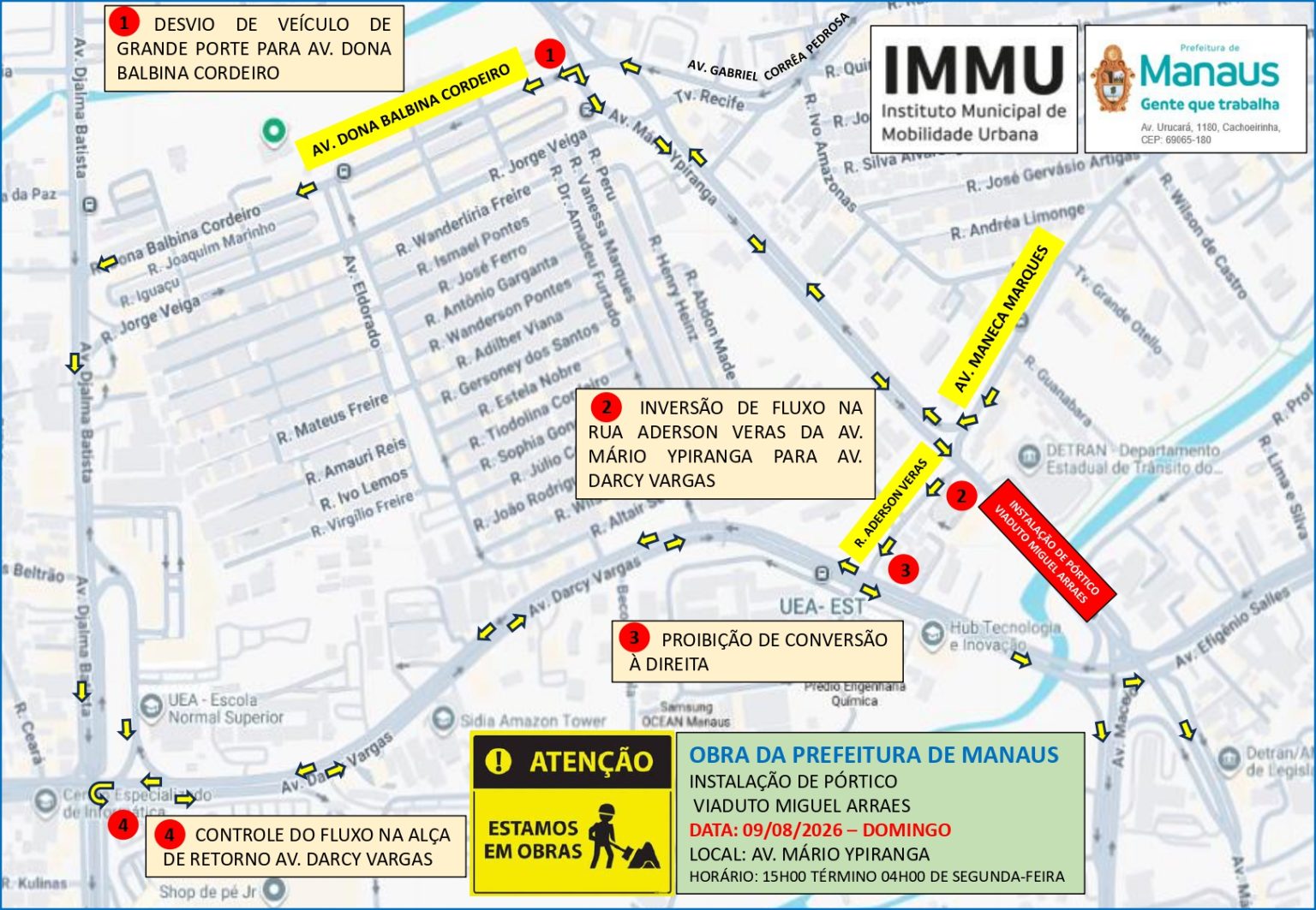 Prefeitura de Manaus interdita alças do viaduto Miguel Arraes para instalar pórtico de sinalização entre 9/8 e 10/8