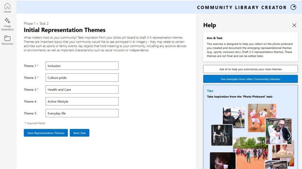 Community Library Creator guía a los participantes a través de un proceso estructurado que comienza al identificar temas que desean representar en imágenes generadas por IA, como la salud y el cuidado o un estilo de vida activo.