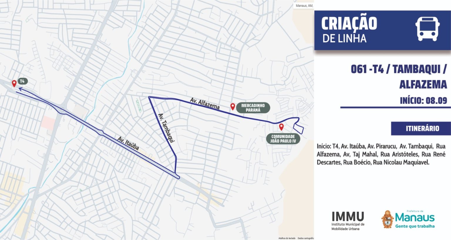 Prefeitura de Manaus implanta a linha 061 – T4 para ampliar cobertura do transporte coletivo em áreas sem atendimento regular