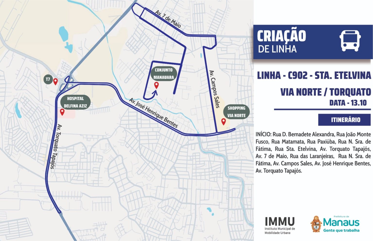 Prefeitura de Manaus implanta linha C-902 para conectar conjunto Manauara à avenida Torquato Tapajós e integrar bairros da zona Norte
