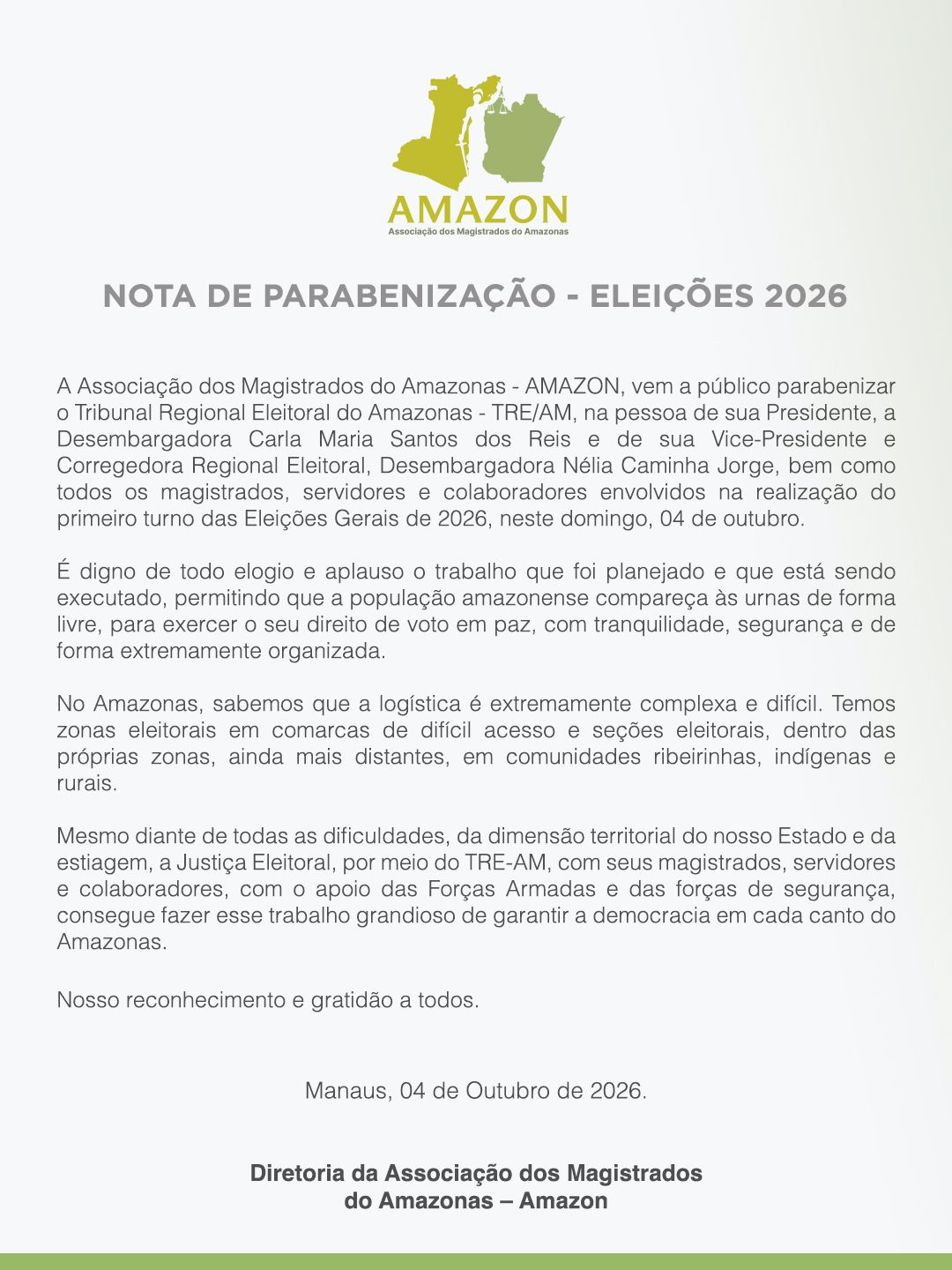 Tribunal de Justiça do Amazonas divulga nota de parabenização pelas Eleições 2026 e informa contatos da assessoria