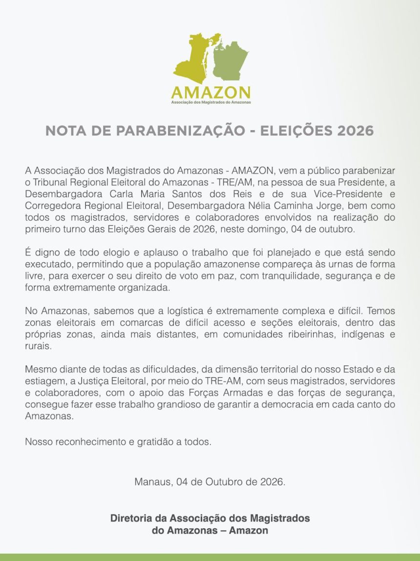 TJAM divulga nota de parabenização pelas Eleições 2026 e informa contatos da assessoria